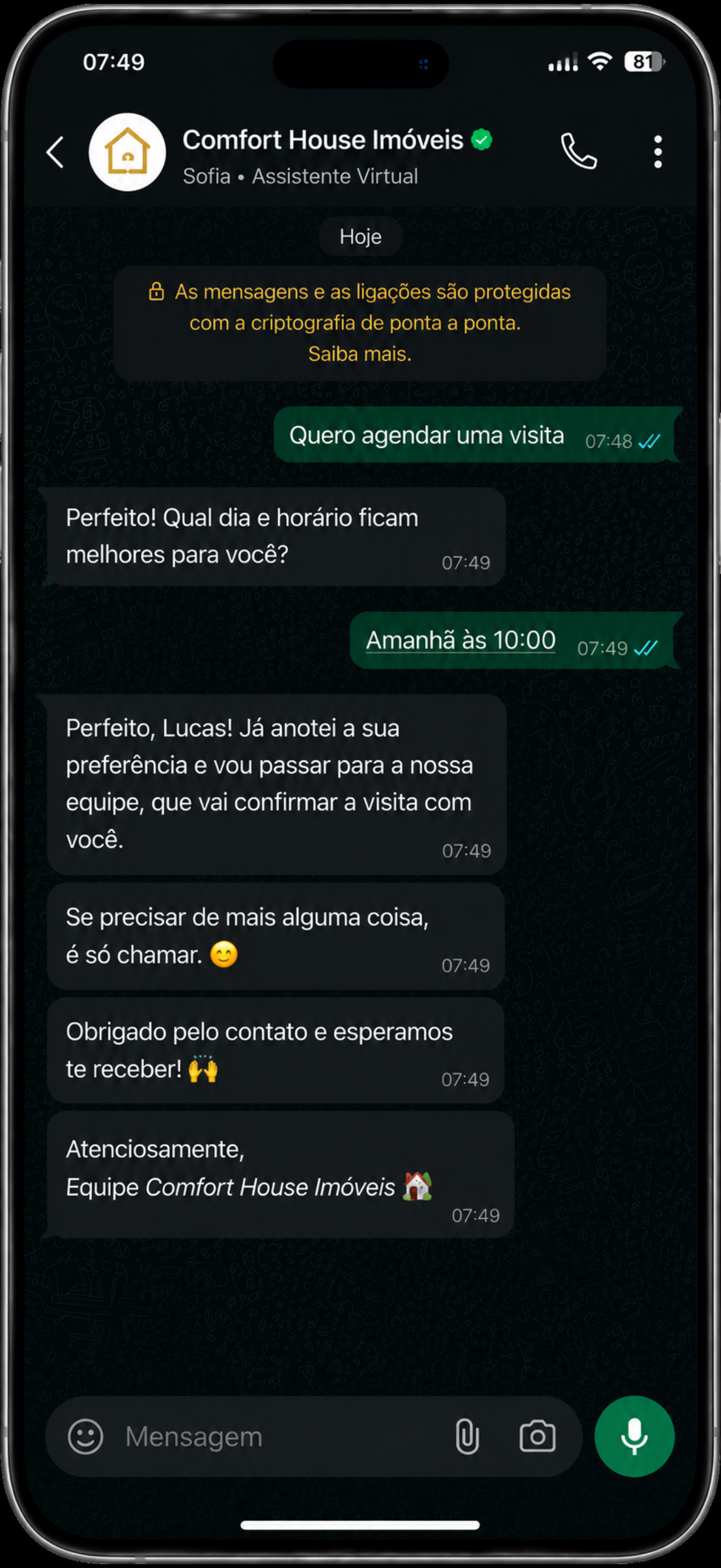 Sofia IA realizando o agendamento de uma visita