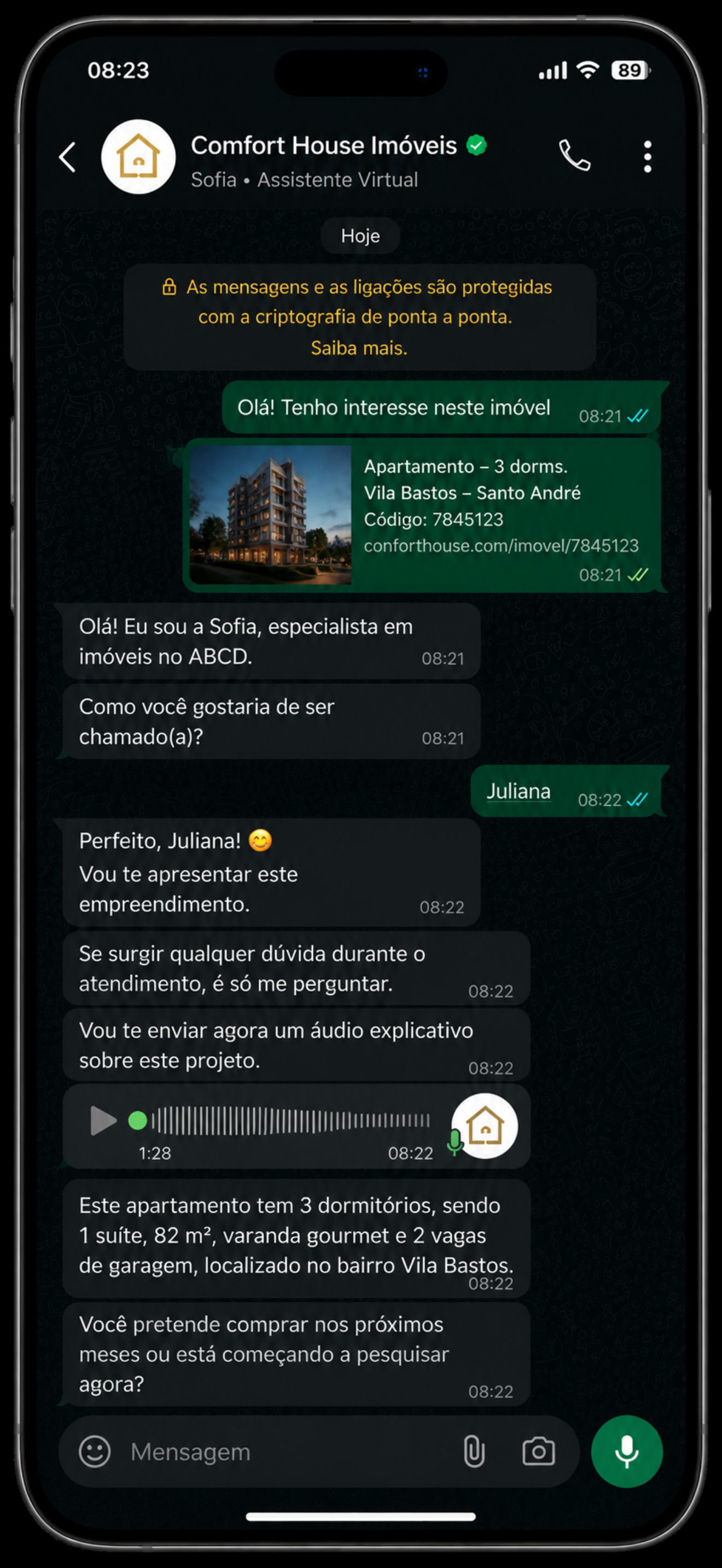 Sofia AI presenting a property and sending information by audio